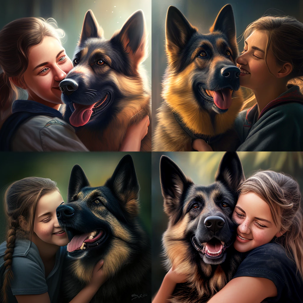 ピクサー風のジャーマンシェパード犬が笑顔の十代の女の子に寄り添う