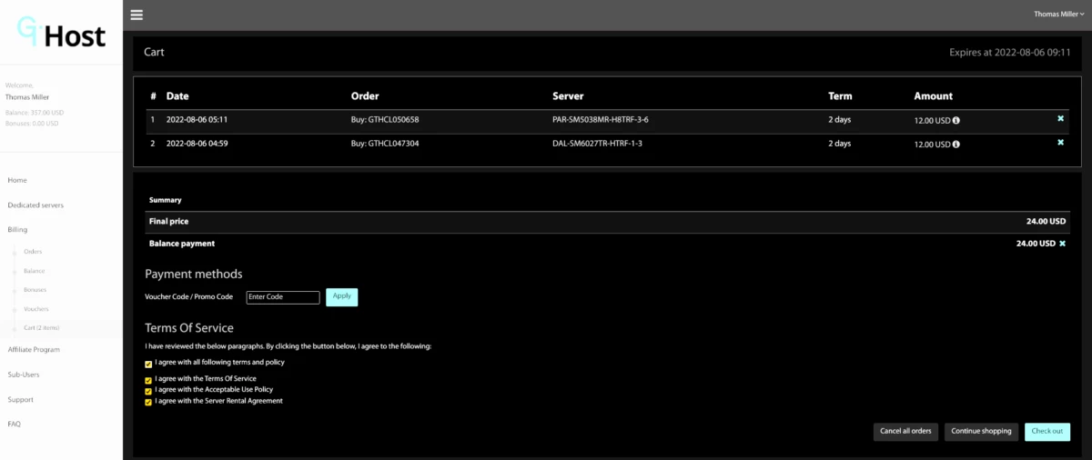 2台のサーバーの支払い