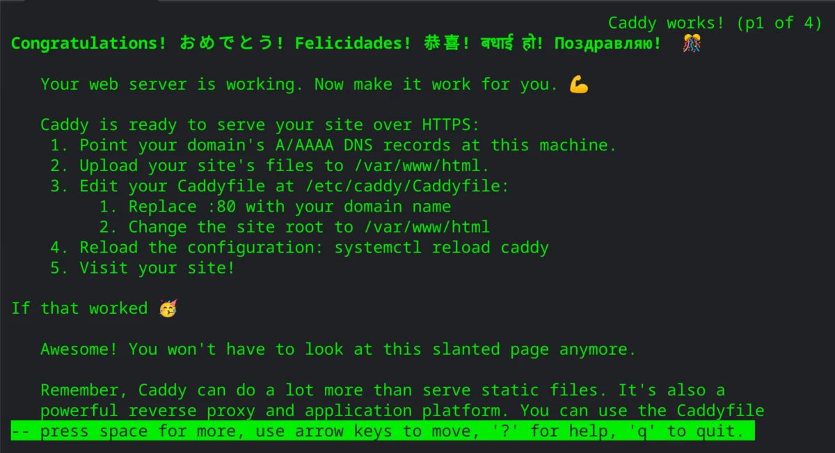 Caddy Default Web Page shown in Lynx browser