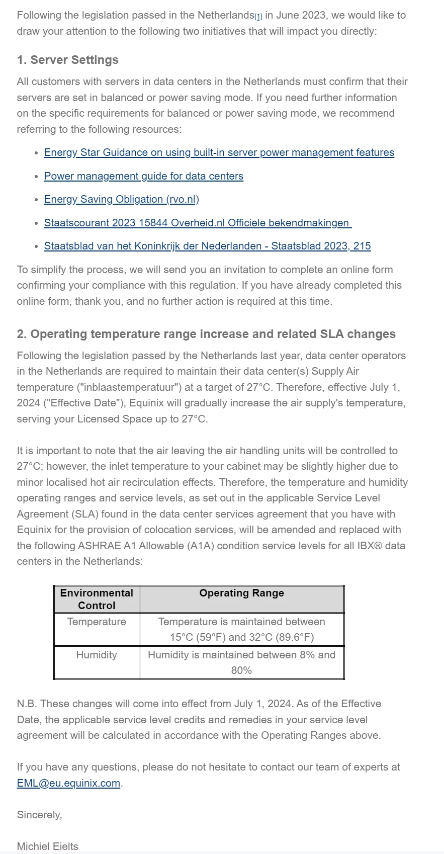 Equinix アムステルダムポリシーに関するメール