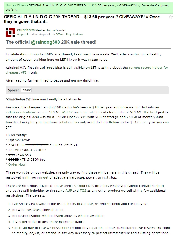 Crunchbitsの年間13.69ドルの「Raindog308 20K」オファーが4時間で完売…（限定再入荷近日公開）