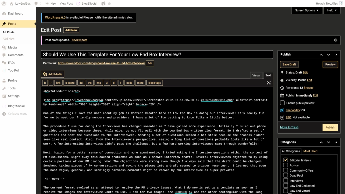 Screenshot of post draft inside of WP editor