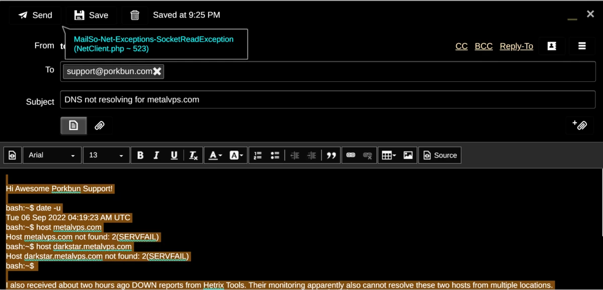 DNS 障害を報告するメール
